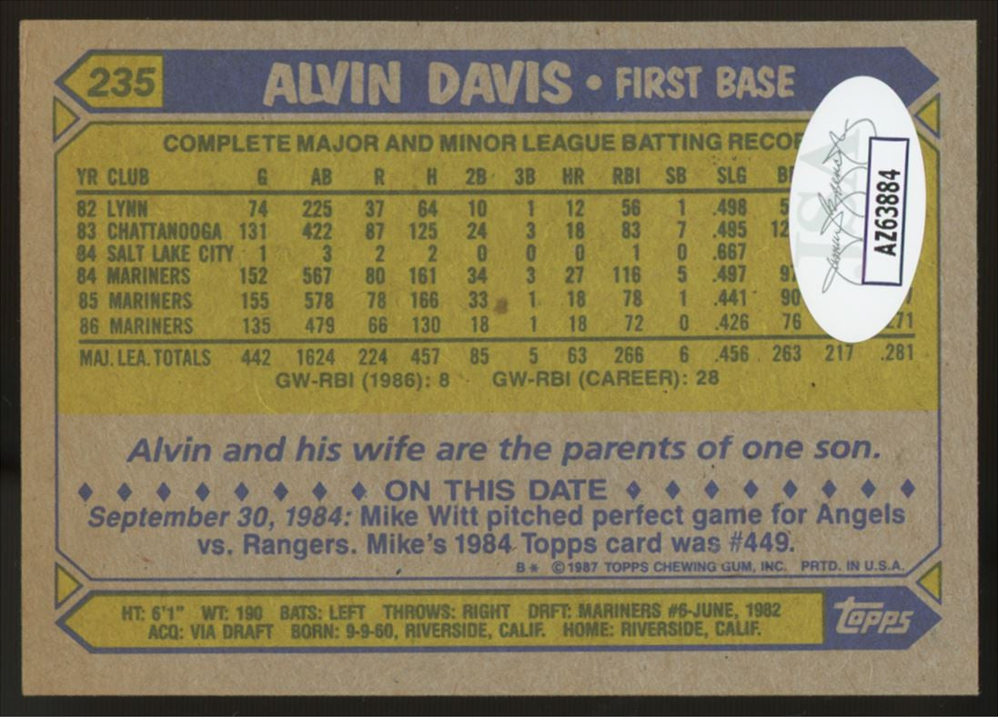 1987 Topps Alvin Davis #235 Signed Auto JSA