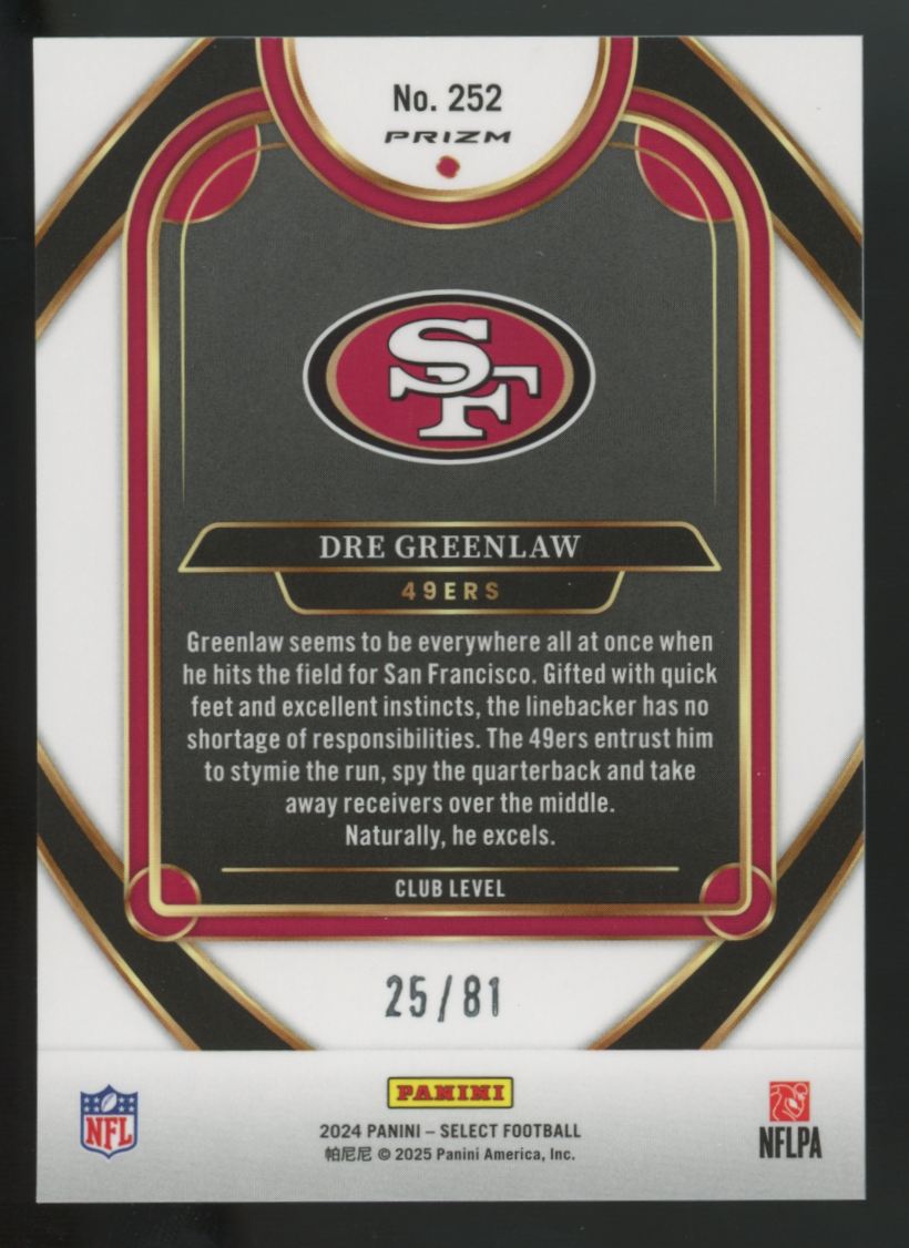 2024 Panini Select Dre Greenlaw Club Level Dragon Scale Prizm /81 #252