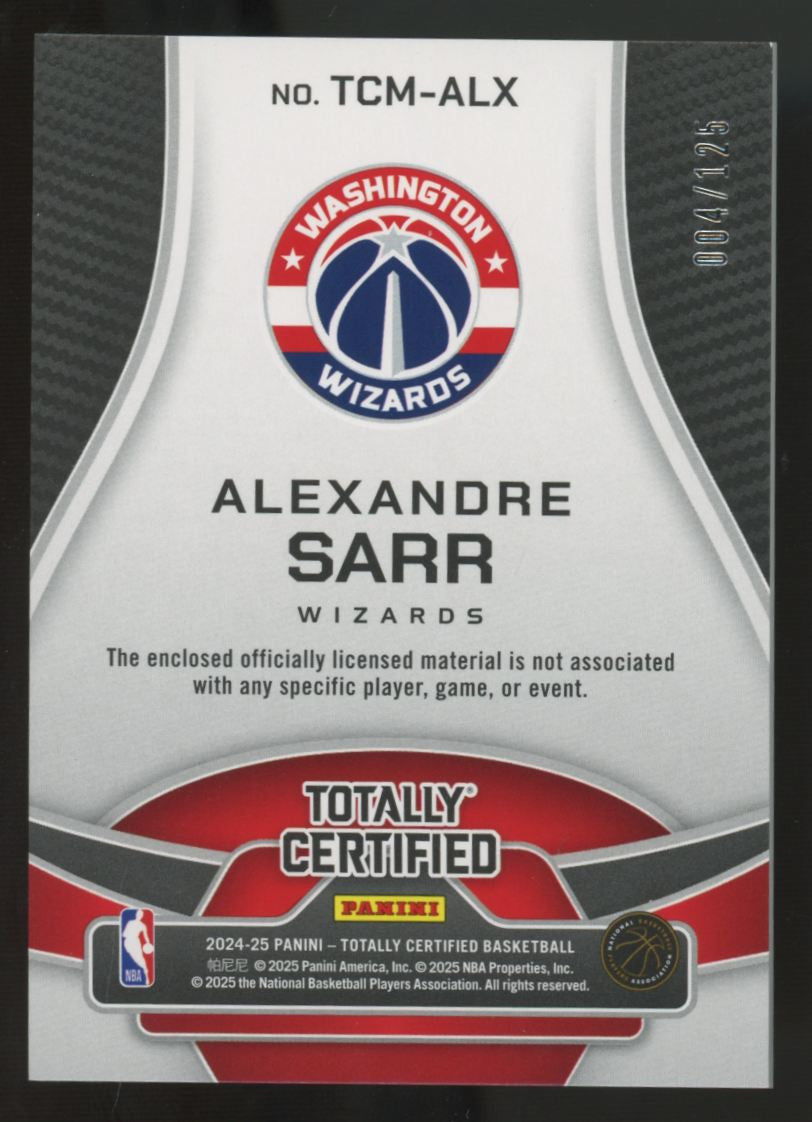 2024-25 Totally Certified Alexandre Sarr RC Patch /125 #TCM-ALX
