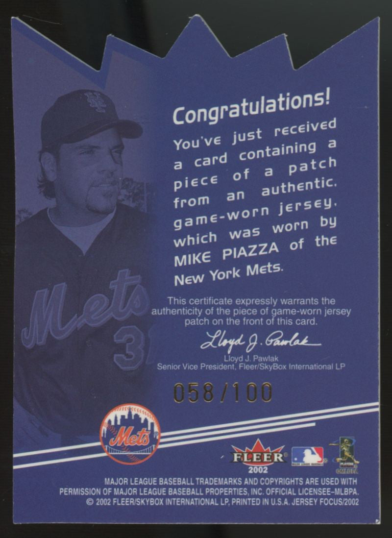2002 Fleer Focus Jersey Edition Mike Piazza Kings of Swing Die-Cut Patch /100