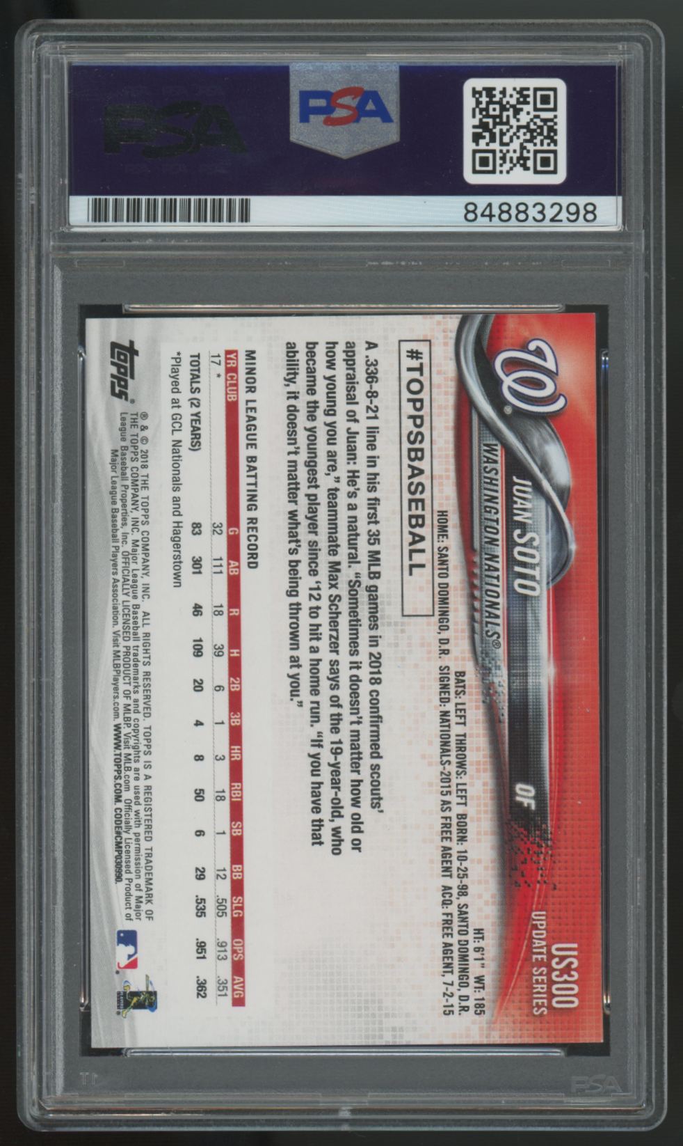 2018 Topps Update Juan Soto RC Signed IP Auto #US300 PSA 10 Auto Certified