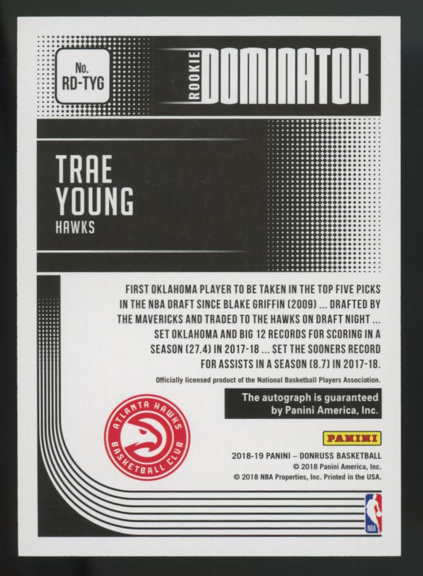 2018-19 Panini Donruss Trae Young RC Rookie Dominator Auto /99 #RD-TYG