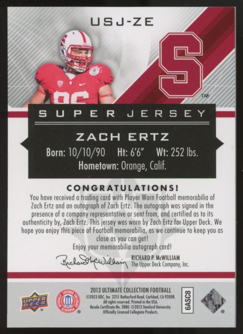 2013 Ultimate Collection Zach Ertz Super Jersey RC Patch Auto RPA /15 #USJ-ZE