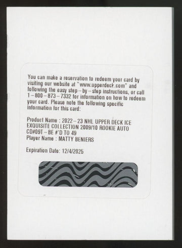 2022-23 Exquisite Collection Matty Beniers 2009/10 Rookie Auto /49 Redemption