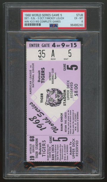 1968 World Series Game 5 Ticket Stub Tigers Cardinals Lolich Win #2 PSA 6