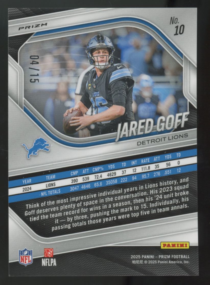 2025 Panini Prizm Jared Goff Purple Shimmer /15 #10