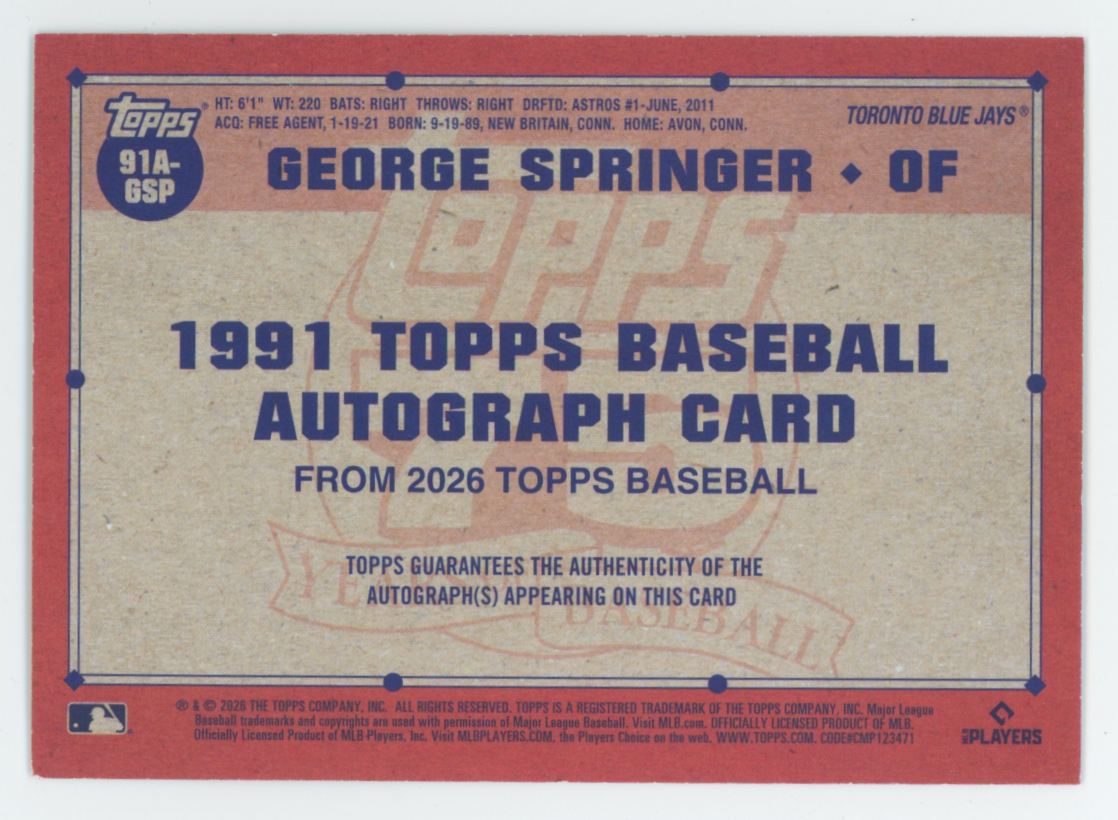 2026 Topps Series One George Springer 1991 Green Foil Auto /99 #91A-GSP