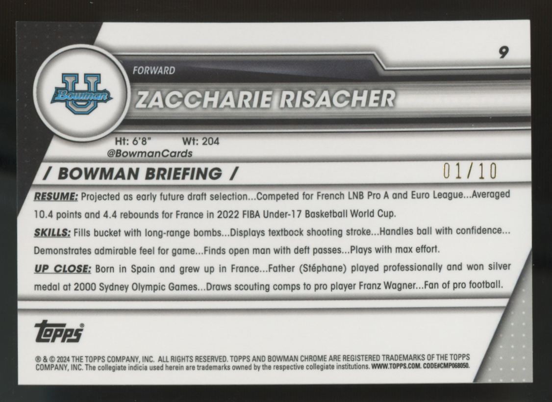 2023-24 Bowman Chrome U Zaccharie Risacher 1st Red Shimmer Refractor /10 #9