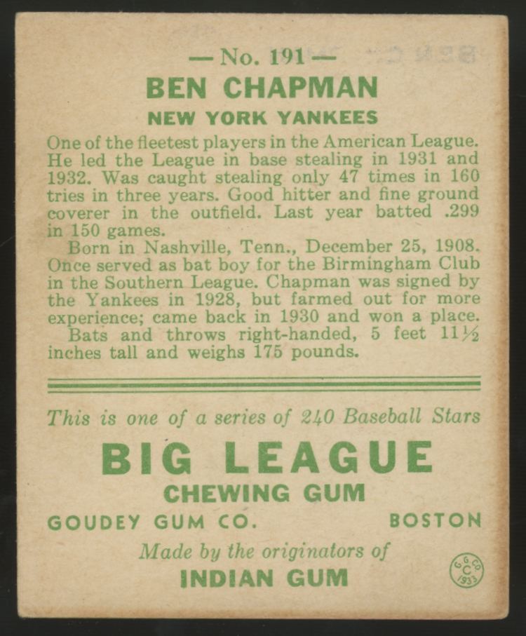 1933 Goudey Ben Chapman #191 VG/EX Centered