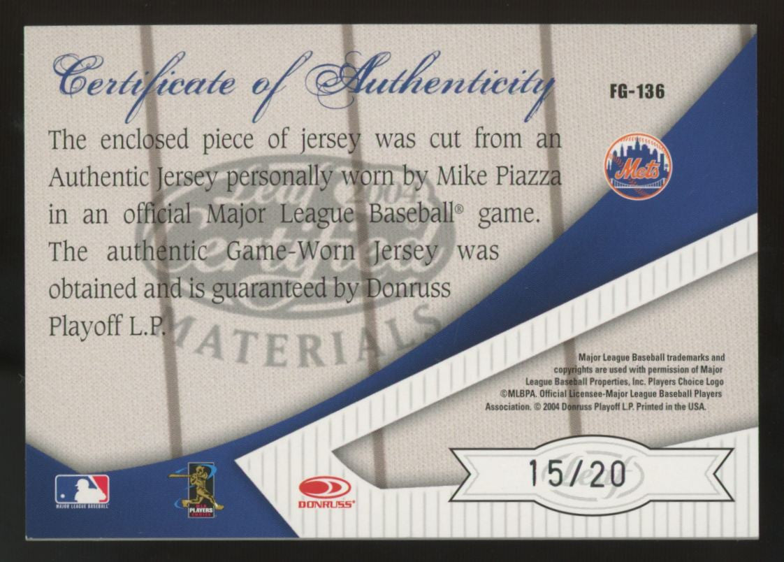 2004 Leaf Certified Materials Mike Piazza Fabric Of The Game Jersey Patch /20