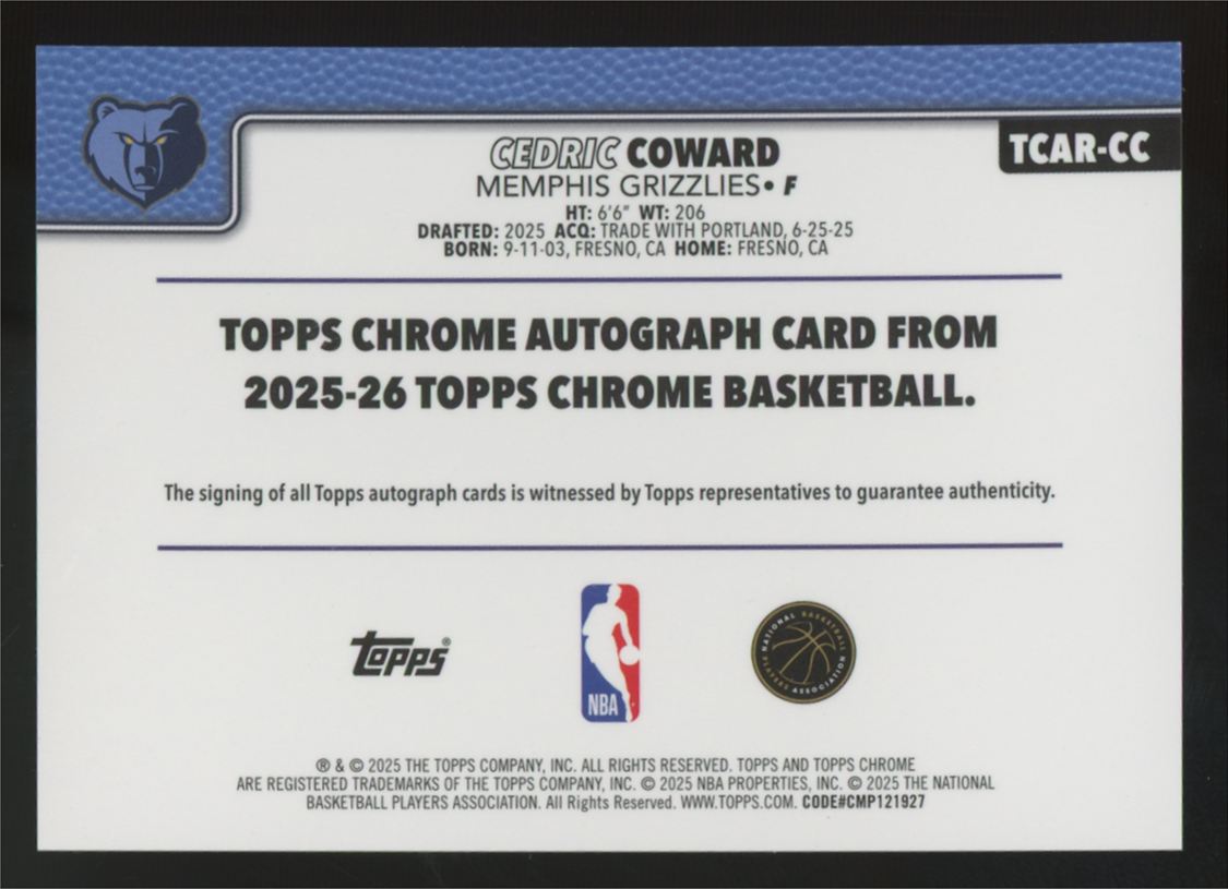 2025-26 Topps Chrome Cedric Coward RC Auto #TCAR-CC