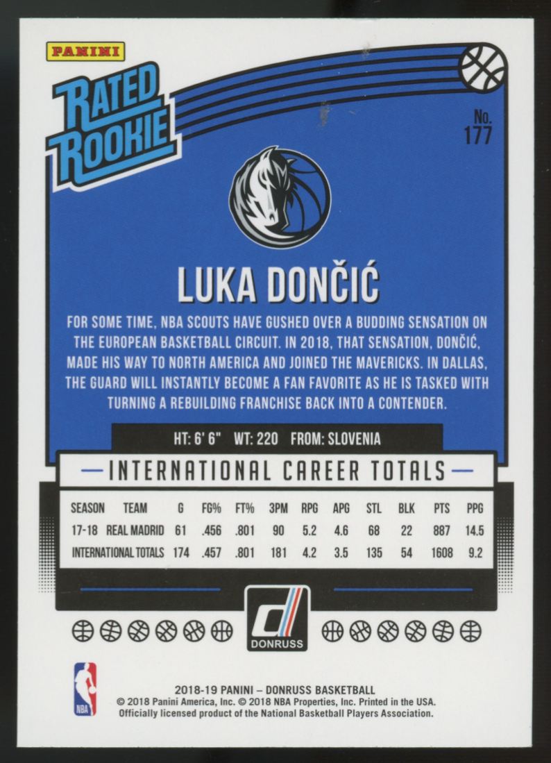 2018-19 Panini Donruss Luka Doncic RC Rated Rookie #177 "F"