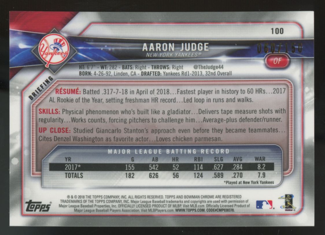 2018 Bowman Chrome Aaron Judge Blue Refractor /150 #100