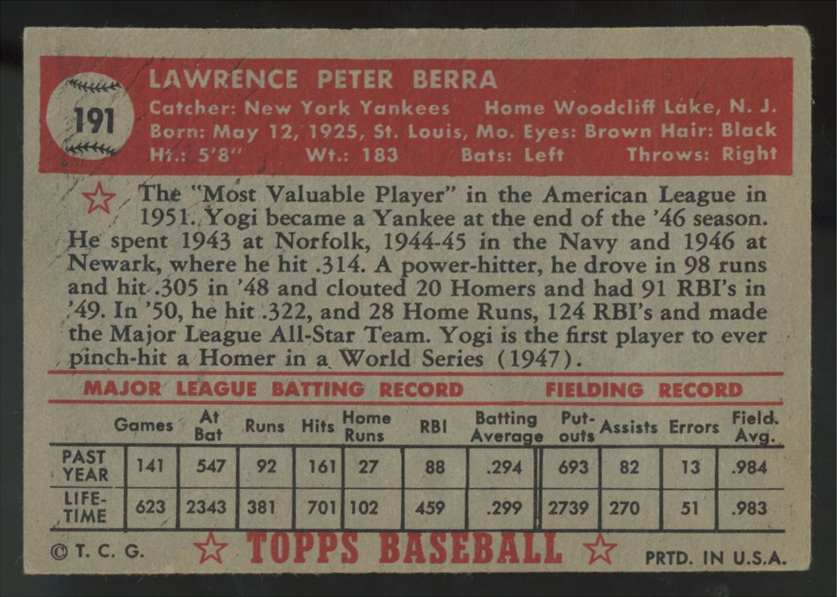 1952 Topps Yogi Berra #191 Good