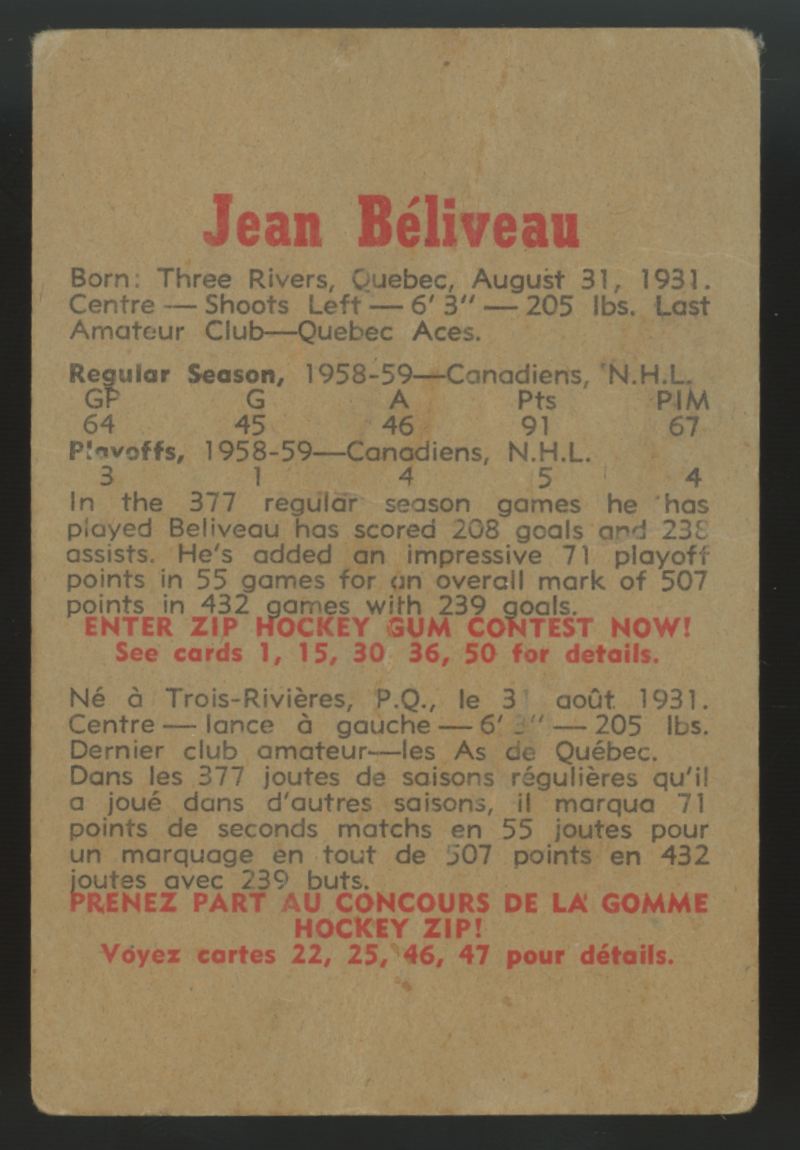 1959-60 Parkhurst Jean Beliveau #6 Poor