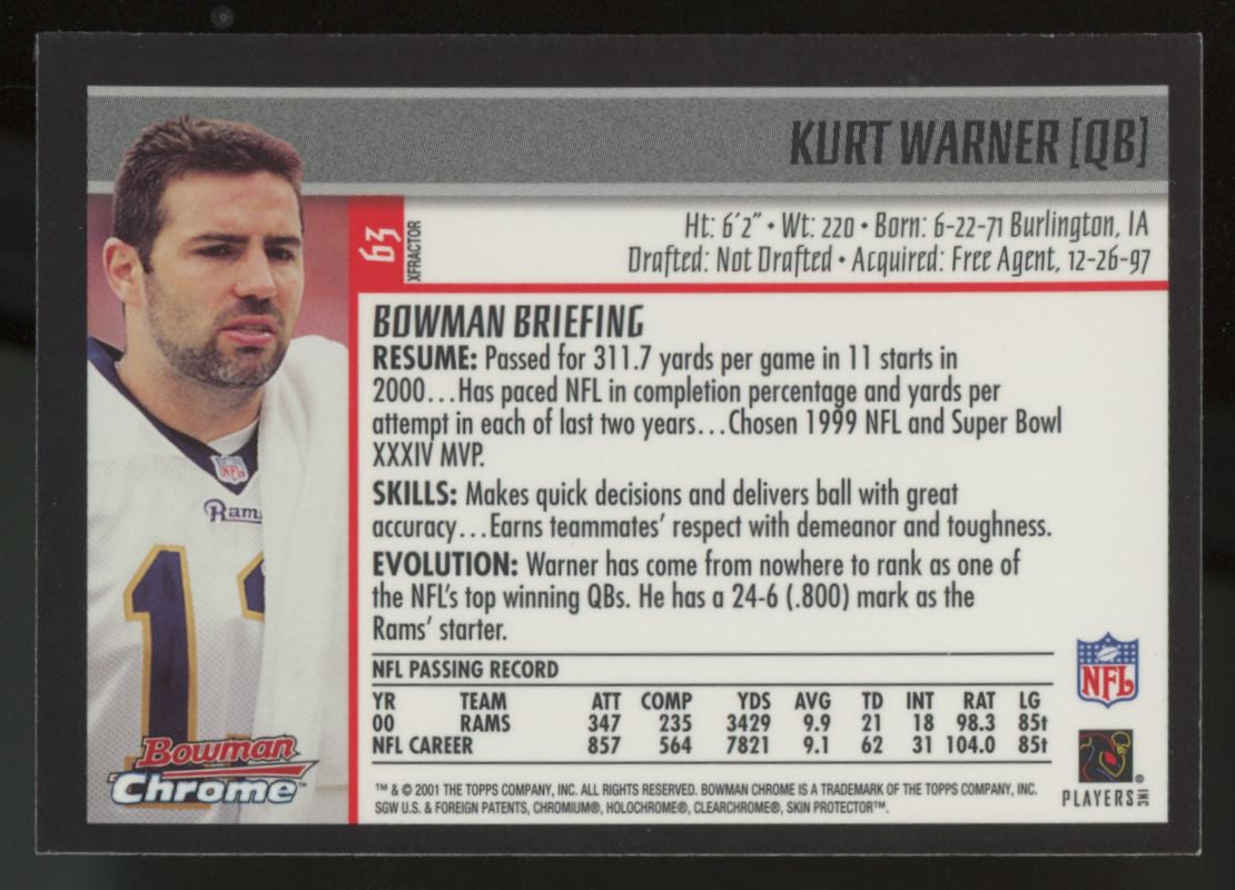 2001 Bowman Chrome Kurt Warner Xfractor #63 NM-MT