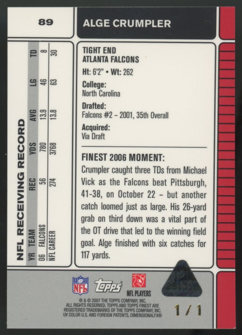 2007 Topps Finest Alge Crumpler Black Printing Plate 1/1 #89
