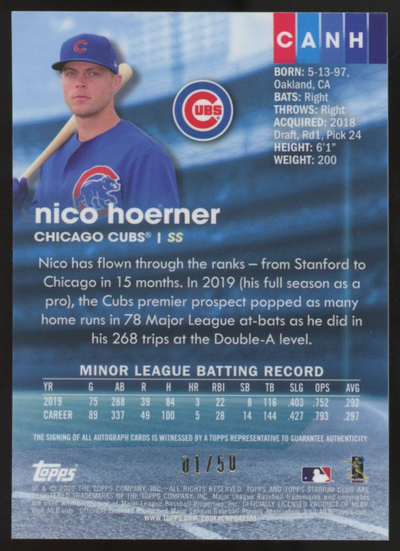 2020 Topps Stadium Club Chrome Nico Hoerner RC Gold Refractor Auto /50 #CANH