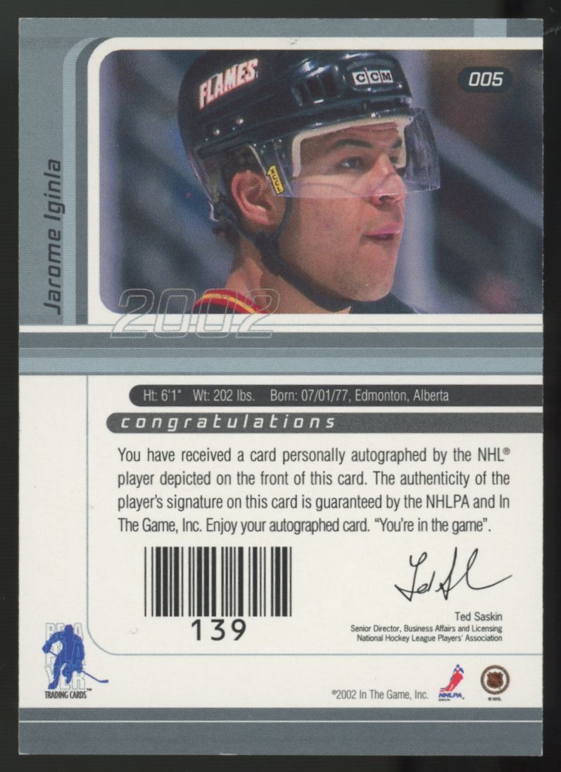2001-02 In The Game Be A Player Jarome Iginla Gold Auto #005