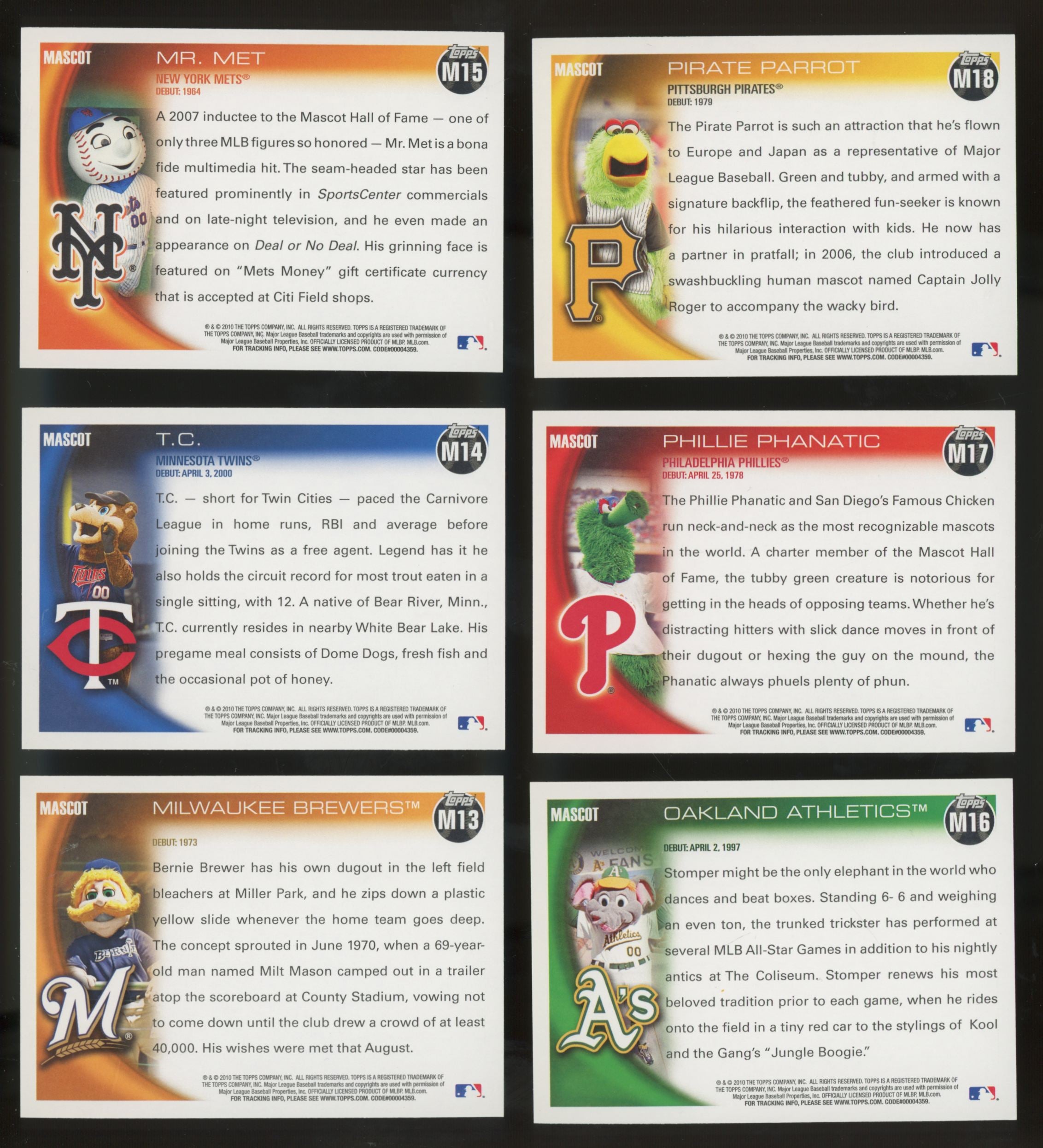 2010 Topps Opening Day Mascots Complete Set (1-25) Phillie Phanatic