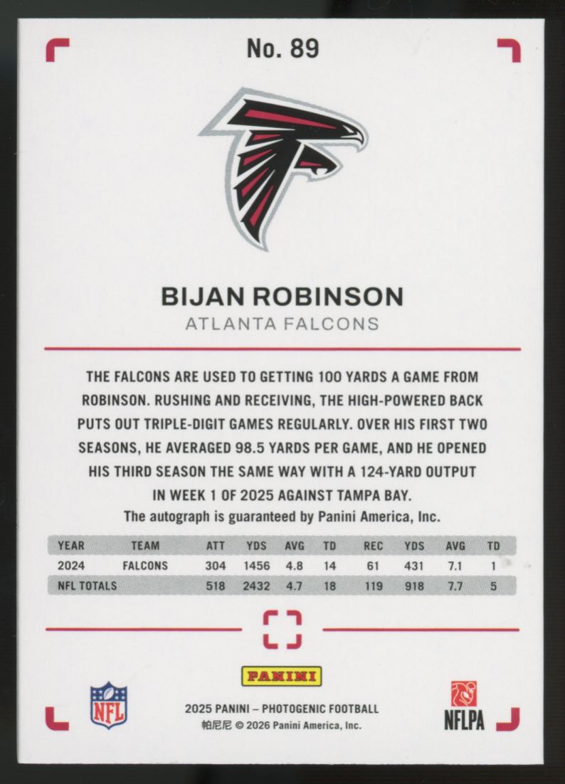 2025 Panini Photogenic Bijan Robinson Bronze Auto #89 "A"