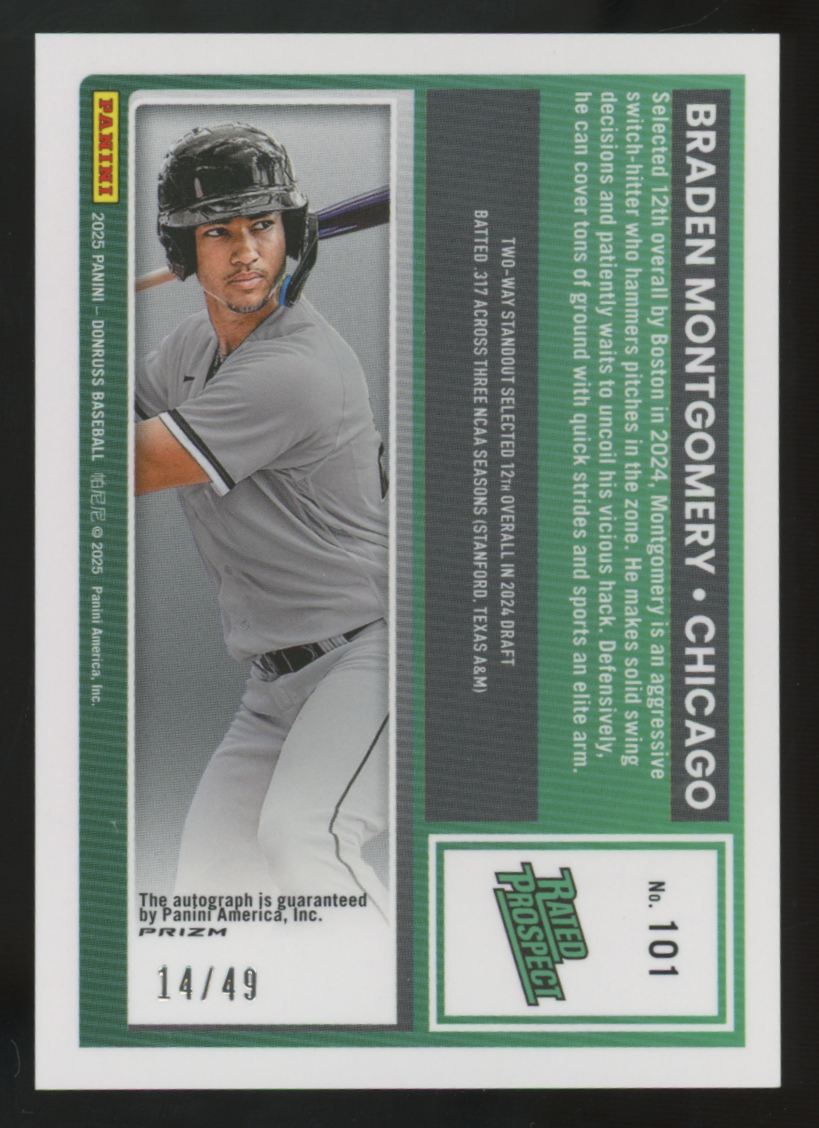 2025 Donruss Optic Preview Braden Montgomery Rated Prospect Purple Auto /49 #101