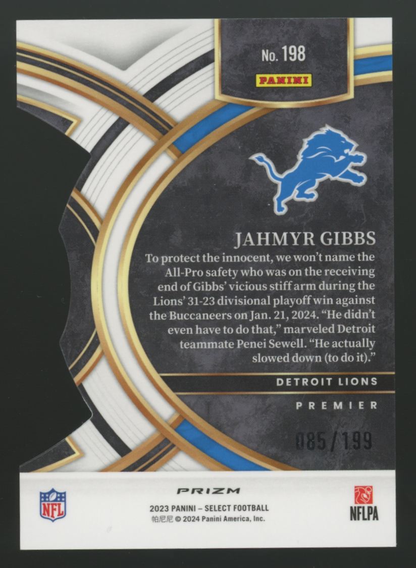 2023 Panini Select Jahmyr Gibbs RC Premier White Prizm Die-Cut /199 #198
