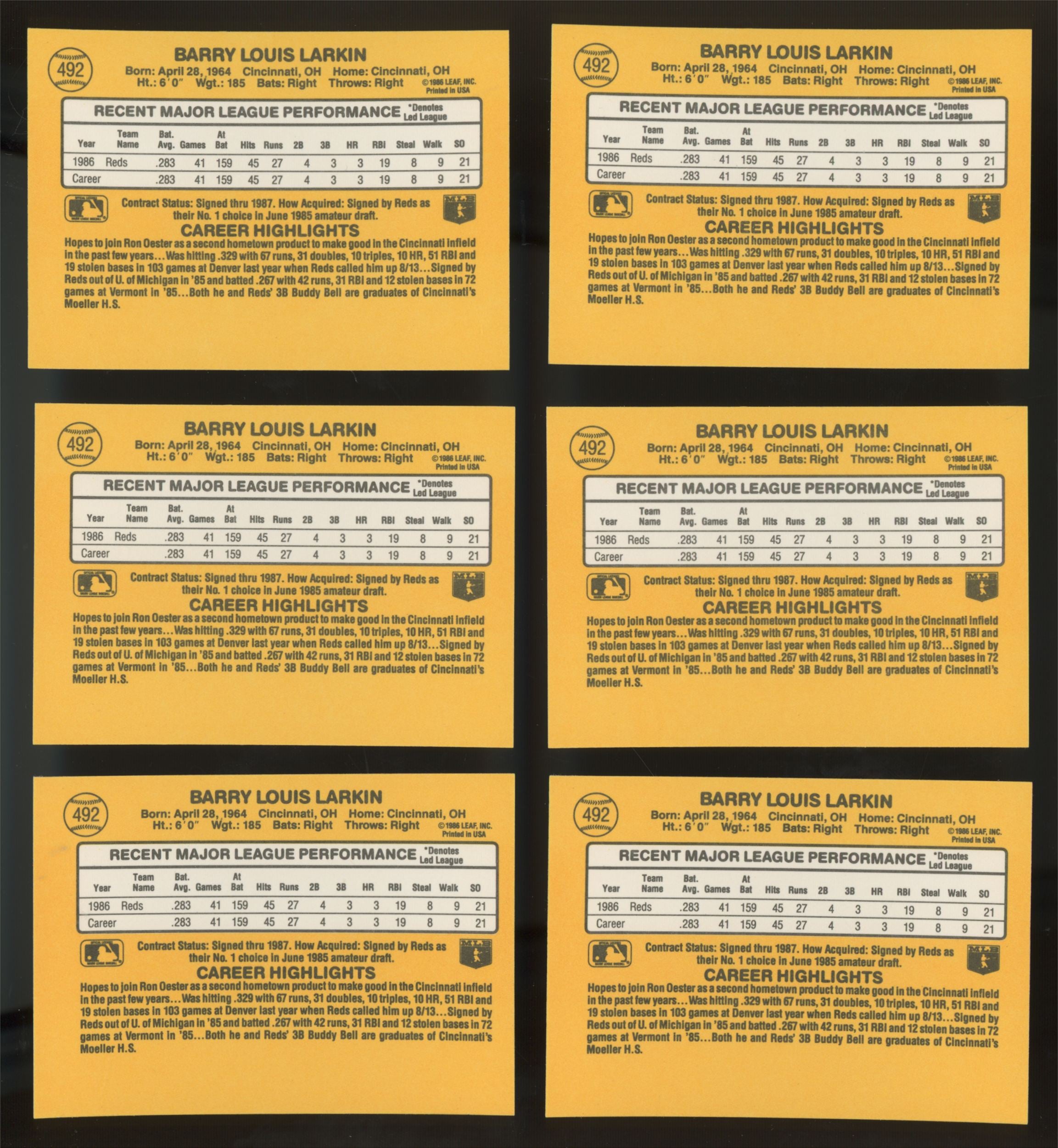 1987 Donruss Barry Larkin RC #492 (Lot of 33)