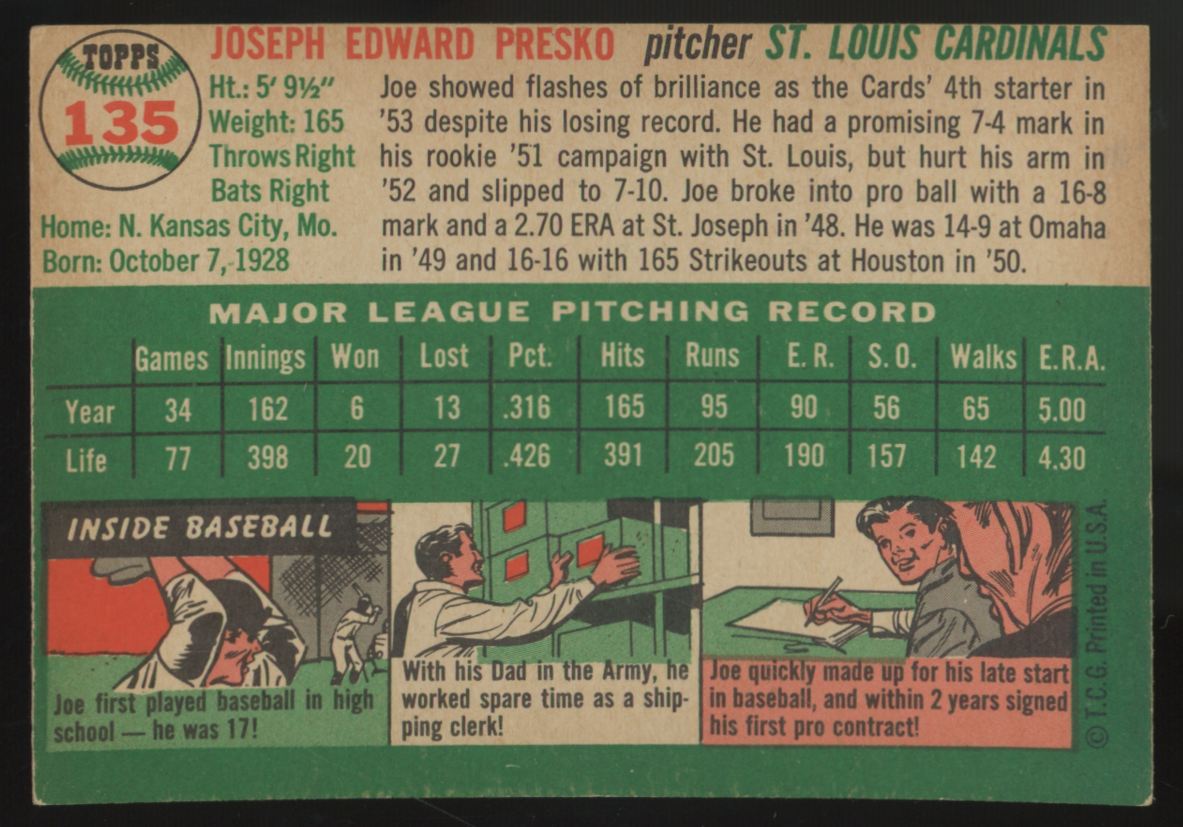 1954 Topps Joe Presko #135 EX/MT (MC)