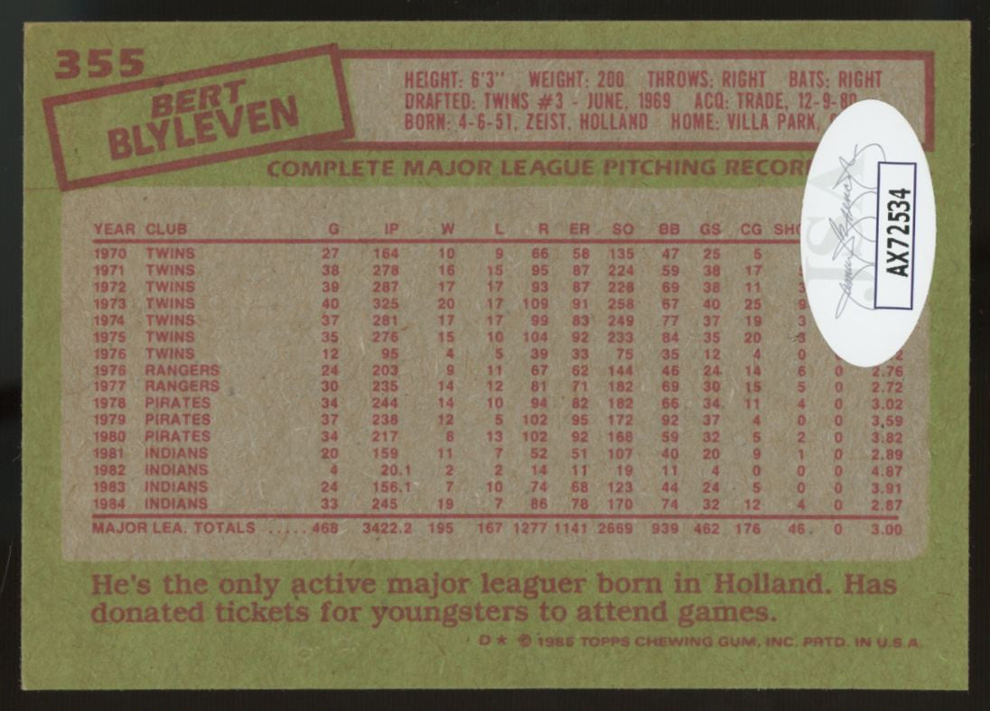 1985 Topps Bert Blyleven #355 Signed Autographed Card JSA