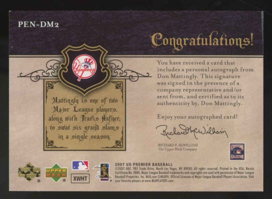 2007 Upper Deck Premier Don Mattingly Penmanship Auto /83 #PEN-DM2