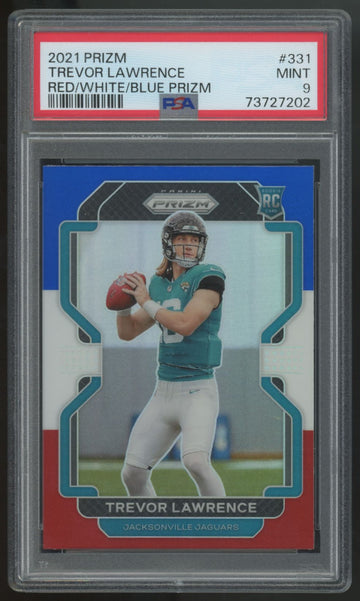 2021 Panini Prizm Trevor Lawrence RC Red/White & Blue Prizm #331 PSA 9