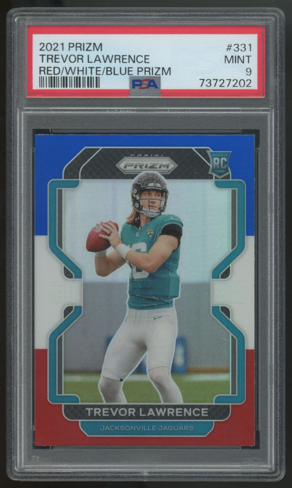 2021 Panini Prizm Trevor Lawrence RC Red/White & Blue Prizm #331 PSA 9