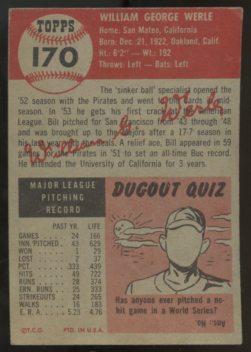 1953 Topps Bill Werle #170 VG