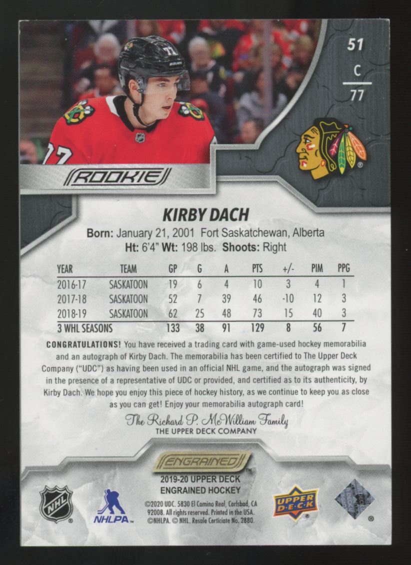 2019-20 Upper Deck Engrained Kirby Dach RC Premium Ebony Patch Auto RPA /65 #51