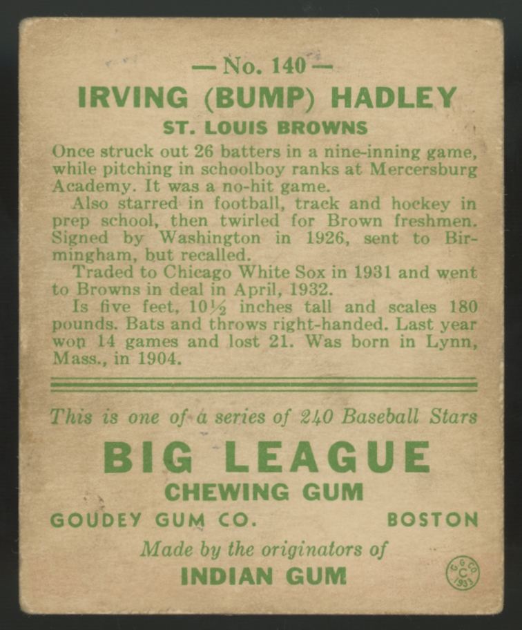 1933 Goudey Irving "Bump" Hadley #140 G/VG