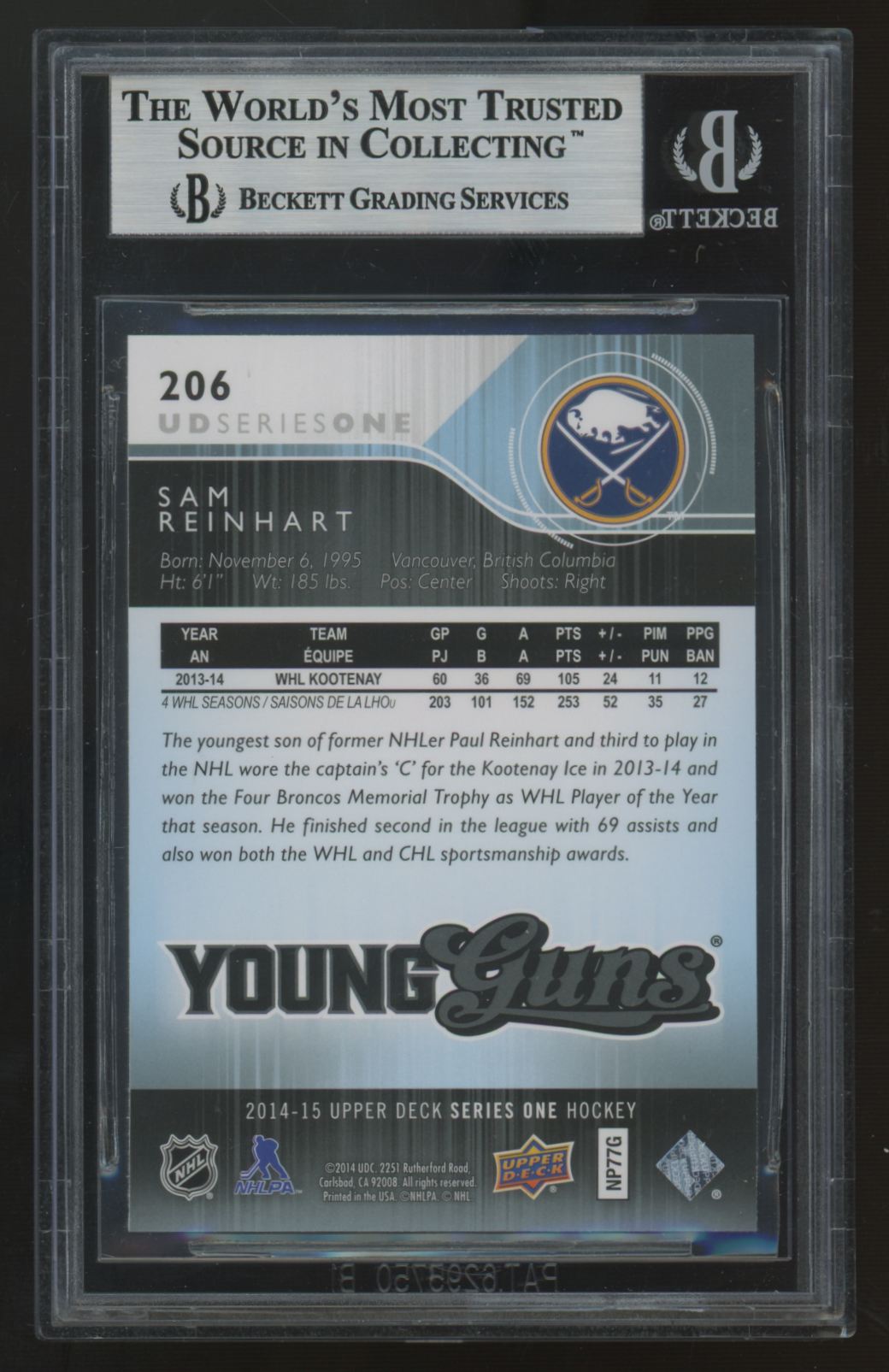 2014-15 Upper Deck Sam Reinhart RC Young Guns #206 BGS 9