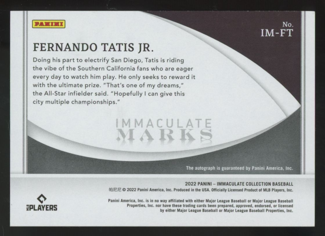 2022 Panini Immaculate Fernando Tatis Jr. Marks Auto /49 #IM-FT
