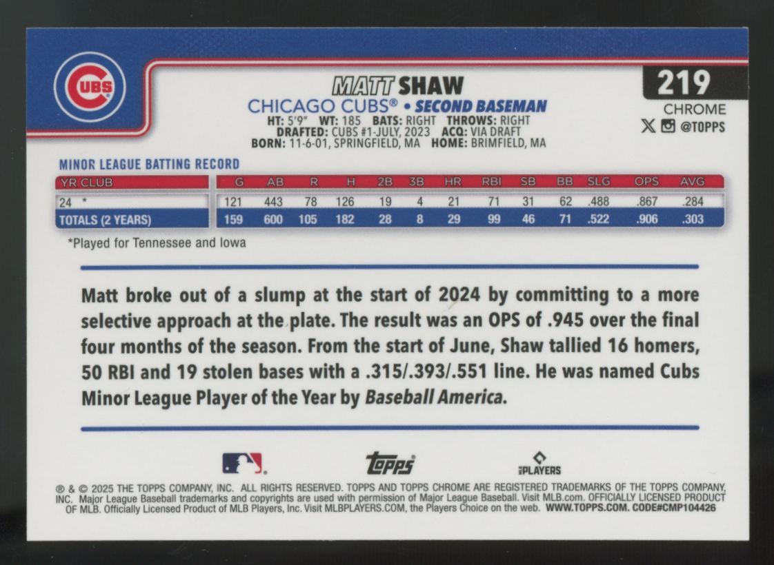 2025 Topps Chrome Matt Shaw RC Green Wave Refractor /99 #219