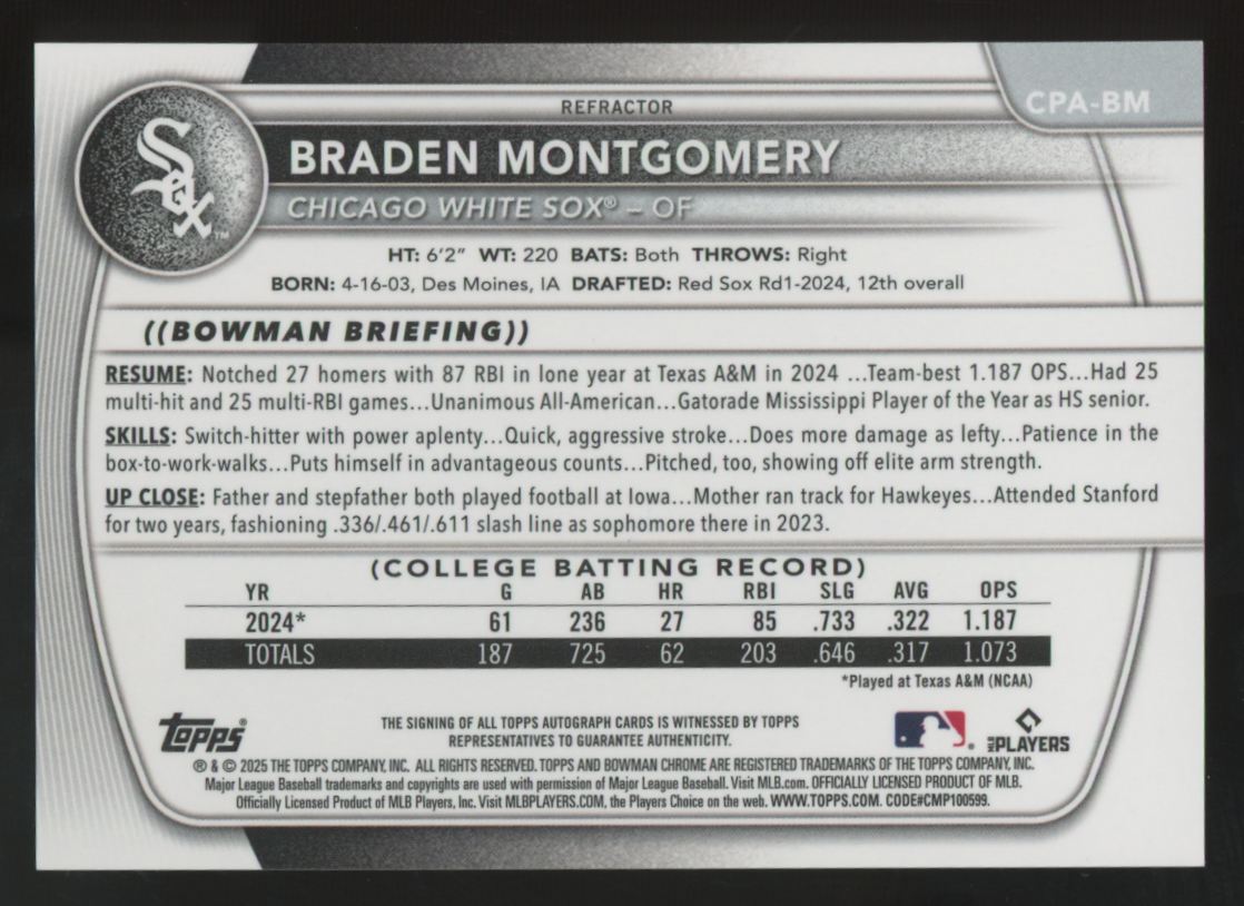 2025 Bowman Braden Montgomery Chrome Prospect Refractor Auto /499 #CPA-BM