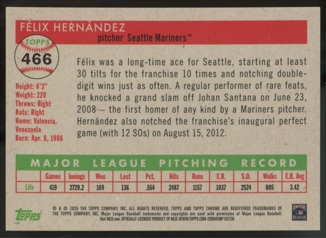 2025 Topps Chrome Platinum Anniversary Felix Hernandez Black Vibrations /10 #466
