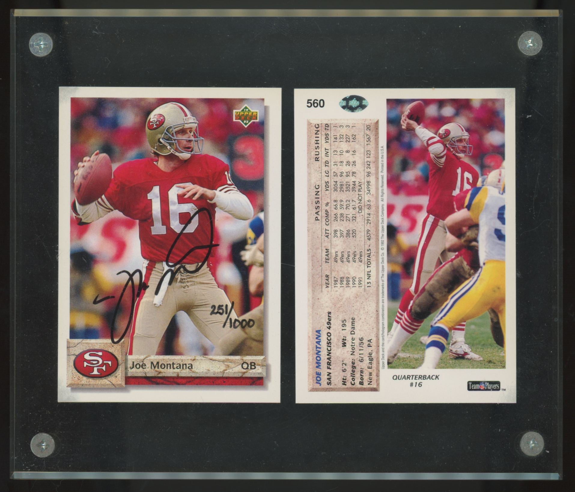 1992 Upper Deck Joe Montana 2 Card Signed Auto Hand Numbered /1000 #560 UDA