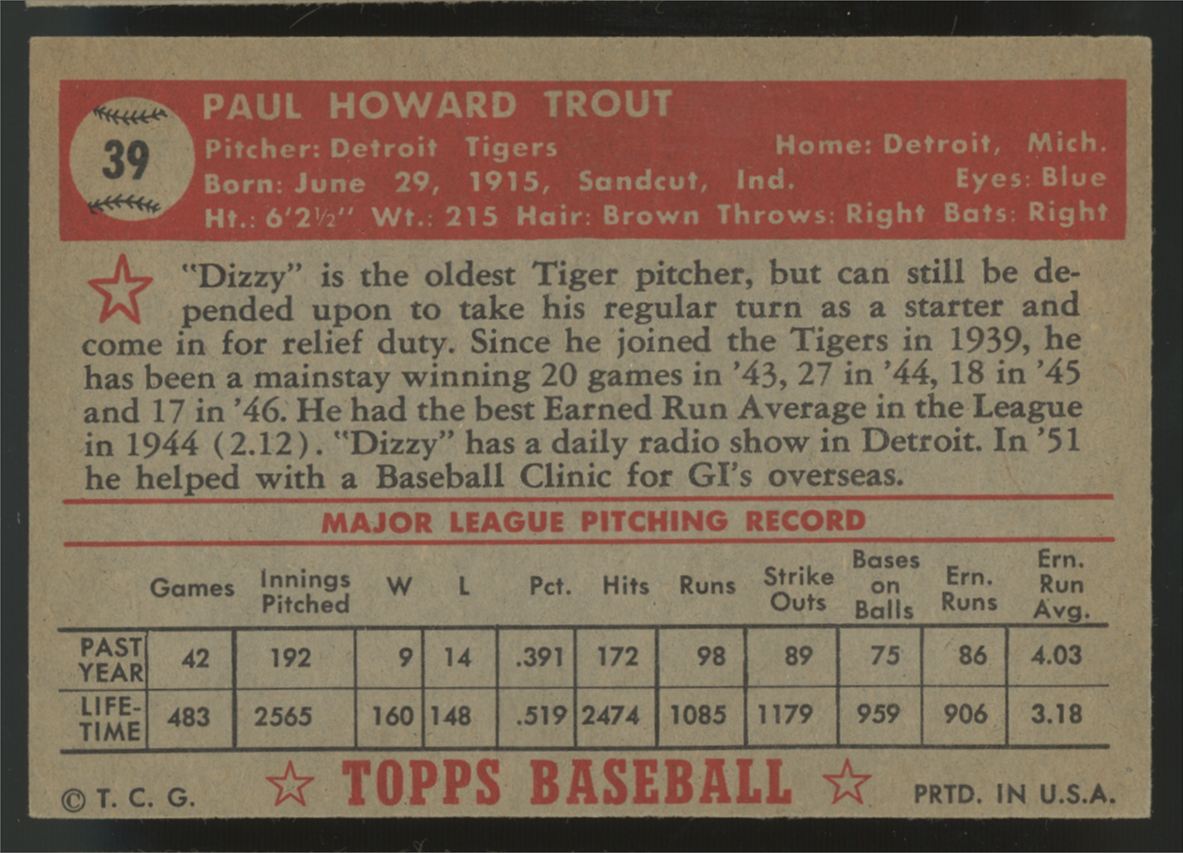 1952 Topps Paul "Dizzy" Trout #39 VG/EX "A"