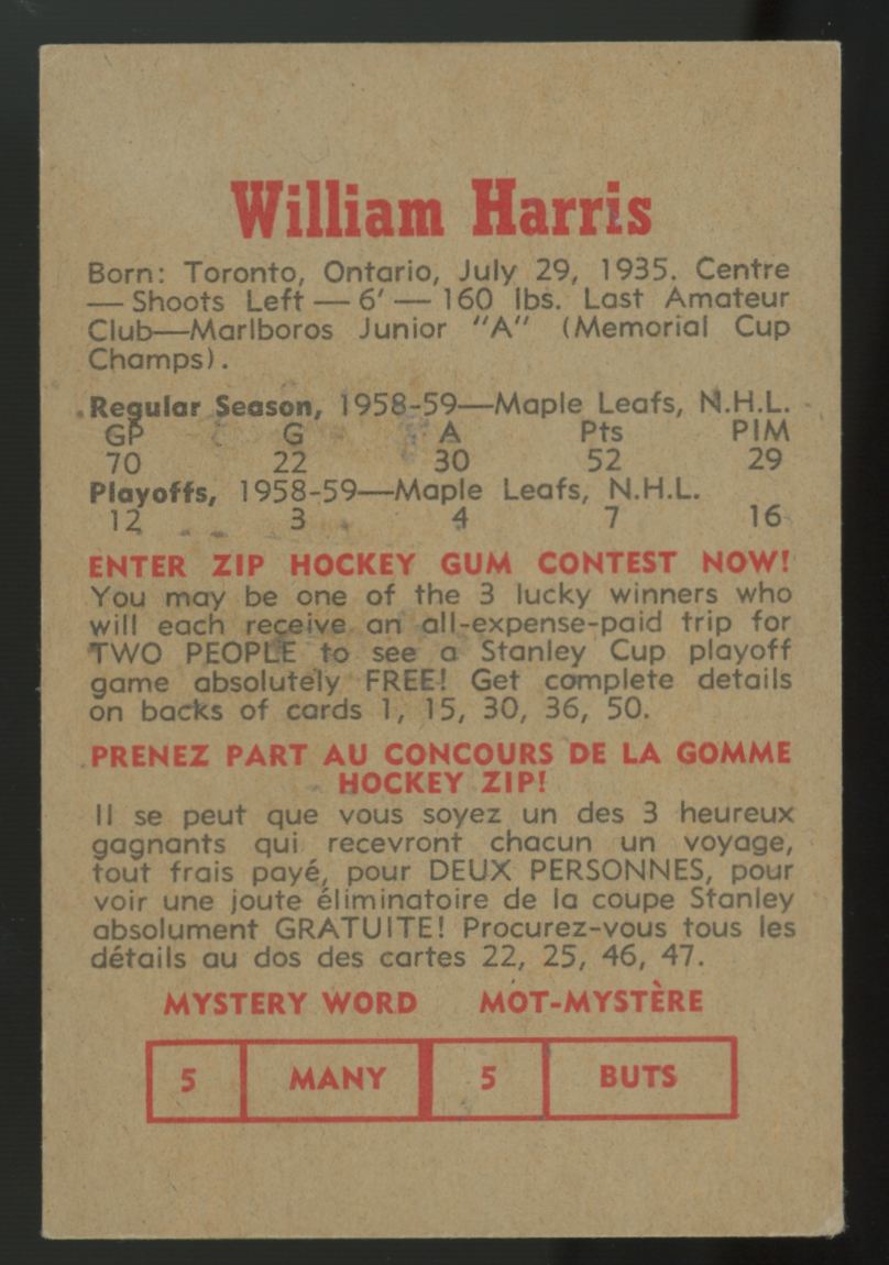 1959-60 Parkhurst Billy Harris #9 VG/EX-EX