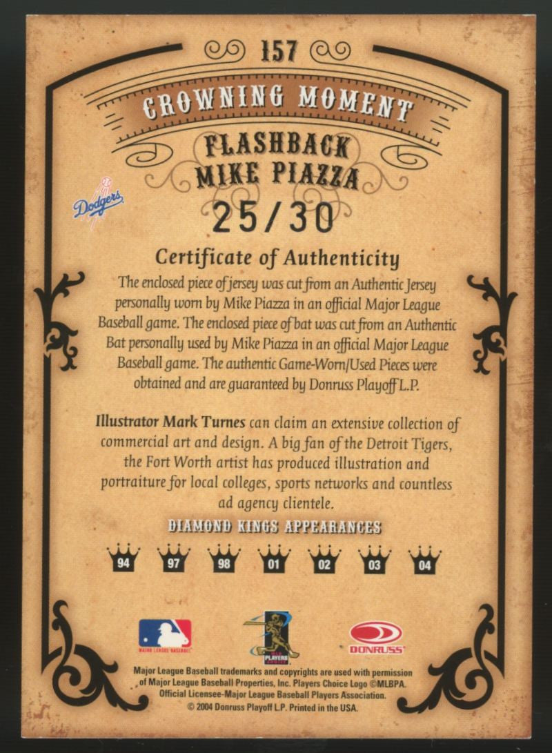 2004 Donruss Diamond Kings Mike Piazza Crowning Moment Dual Relic /30 #157