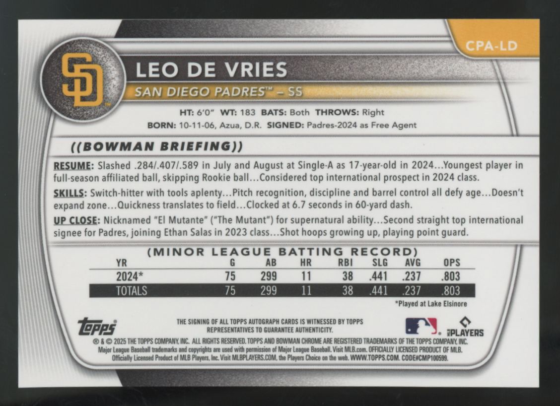 2025 Bowman Leo De Vries Prospect Chrome Green Grass Refractor Auto /99 #CPA-LD