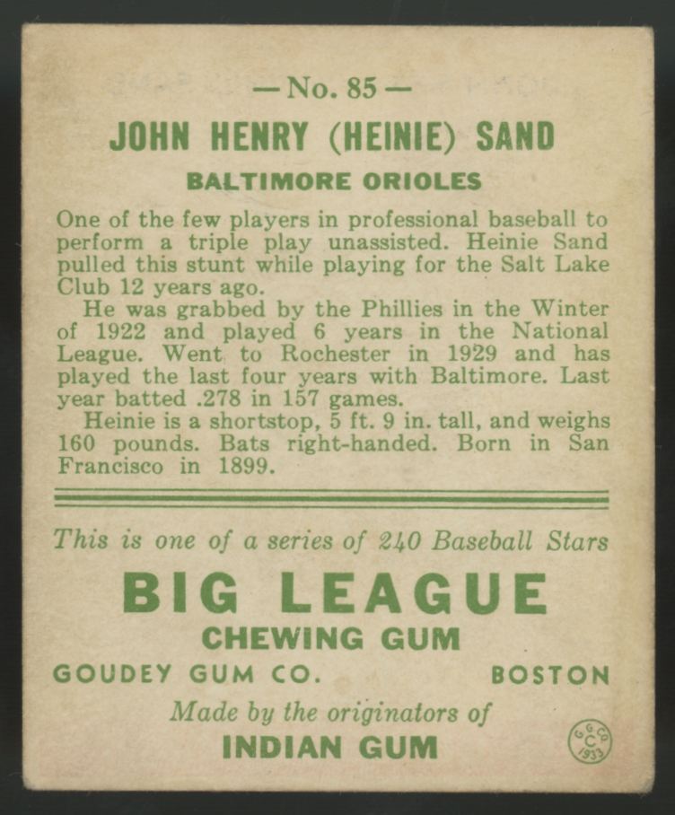 1933 Goudey John Henry Heinie Sand #85 VG-VG/EX