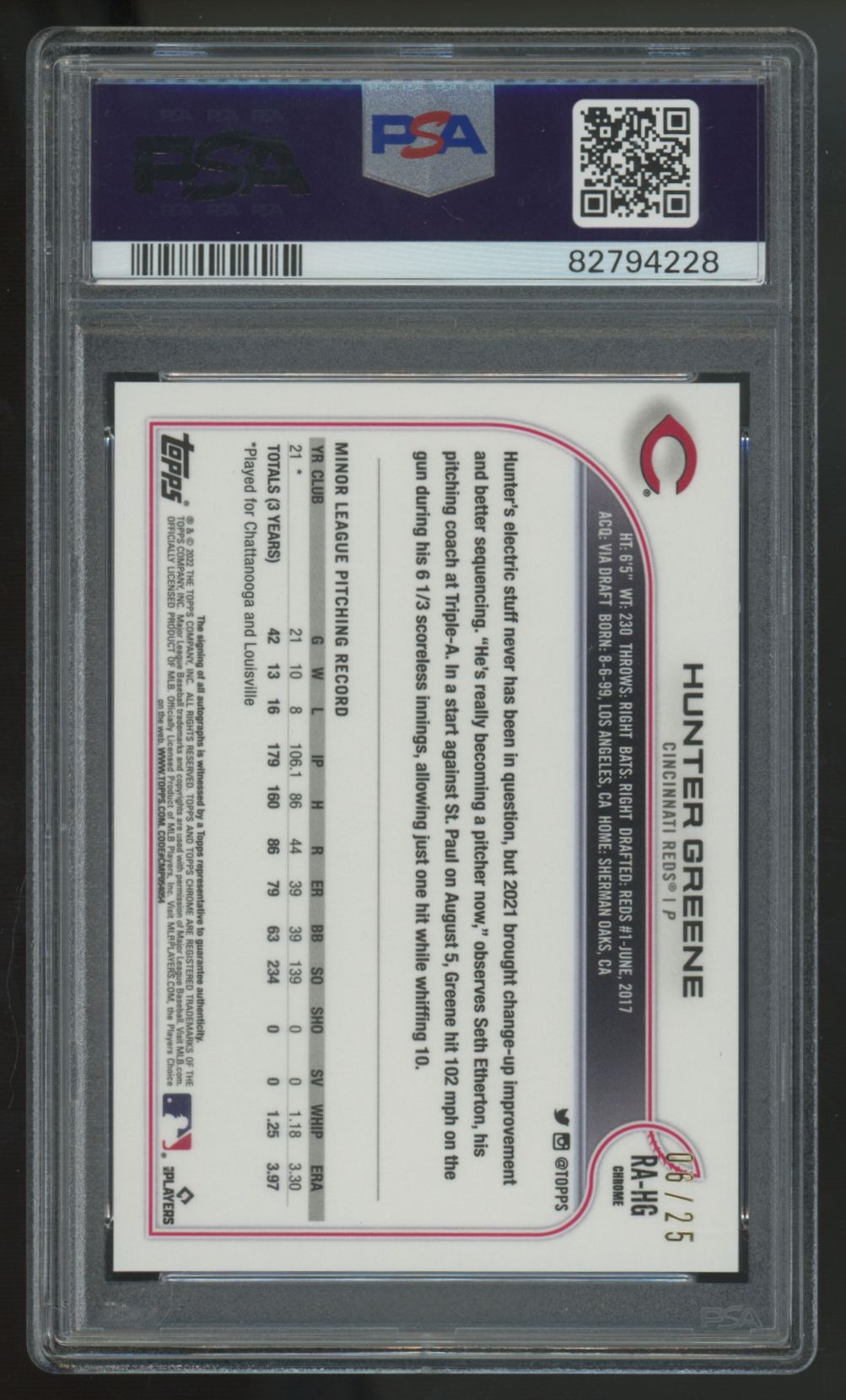 2022 Topps Chrome Hunter Greene RC Orange Auto /25 #RA-HG PSA 8 Authentic