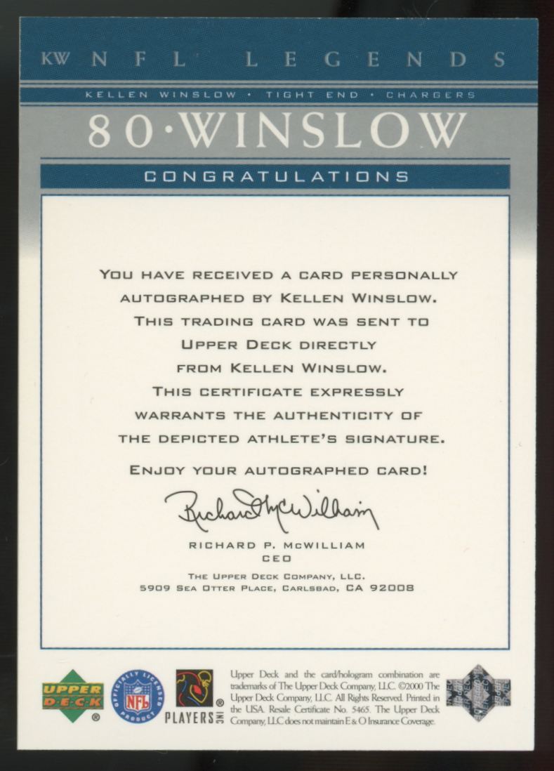 2000 Upper Deck Kellen Winslow NFL Legends Auto #KW
