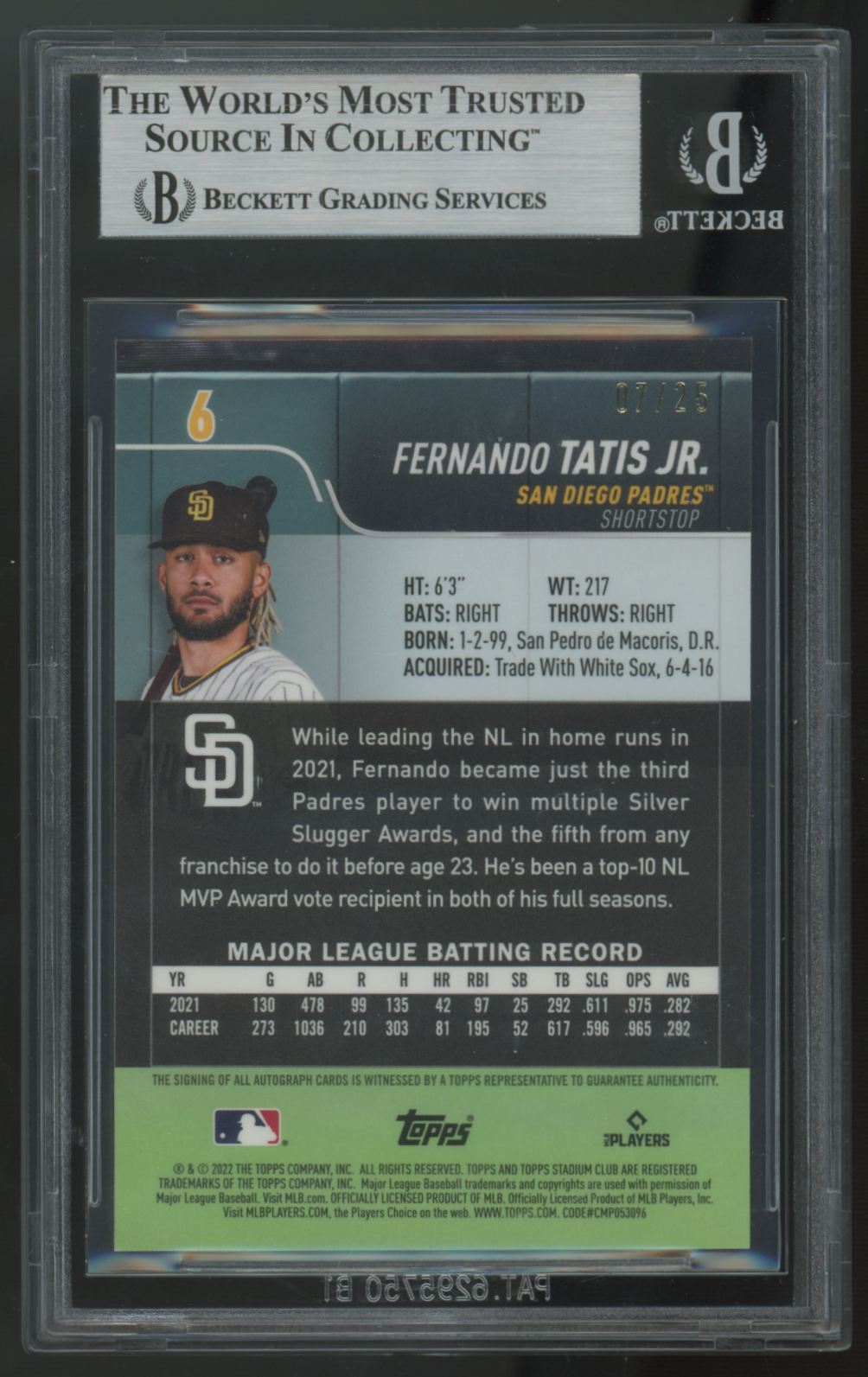 2022 Topps Stadium Club Chrome Fernando Tatis Jr. Auto /25 #6 BGS 8.5